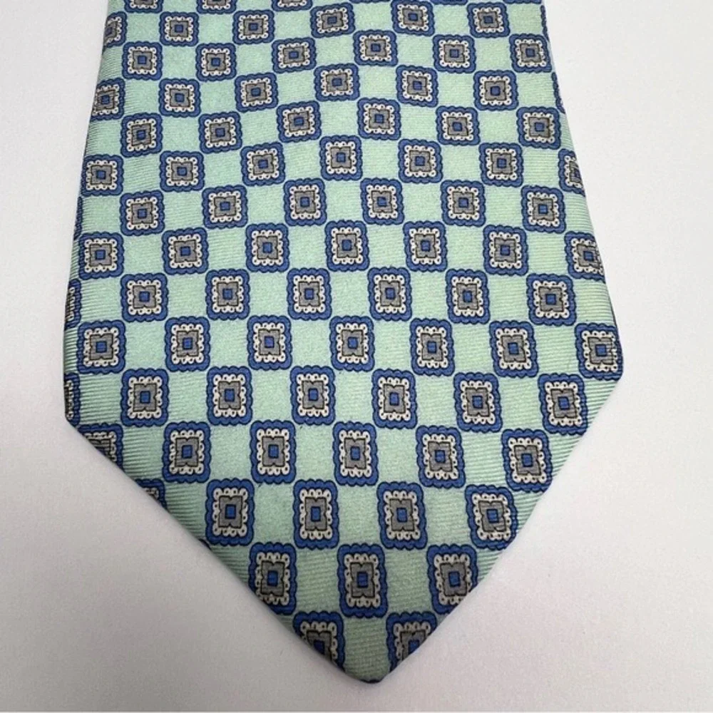 Bellinzona Silk Tie Mens Blue Grey Geometric Medallion Mint Green Hand Sewn USA